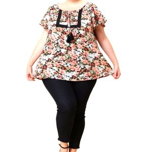 Agnes Orinda Women's Plus 2X Chiffon Flare Sleeve Floral Top Comfy Shirt
